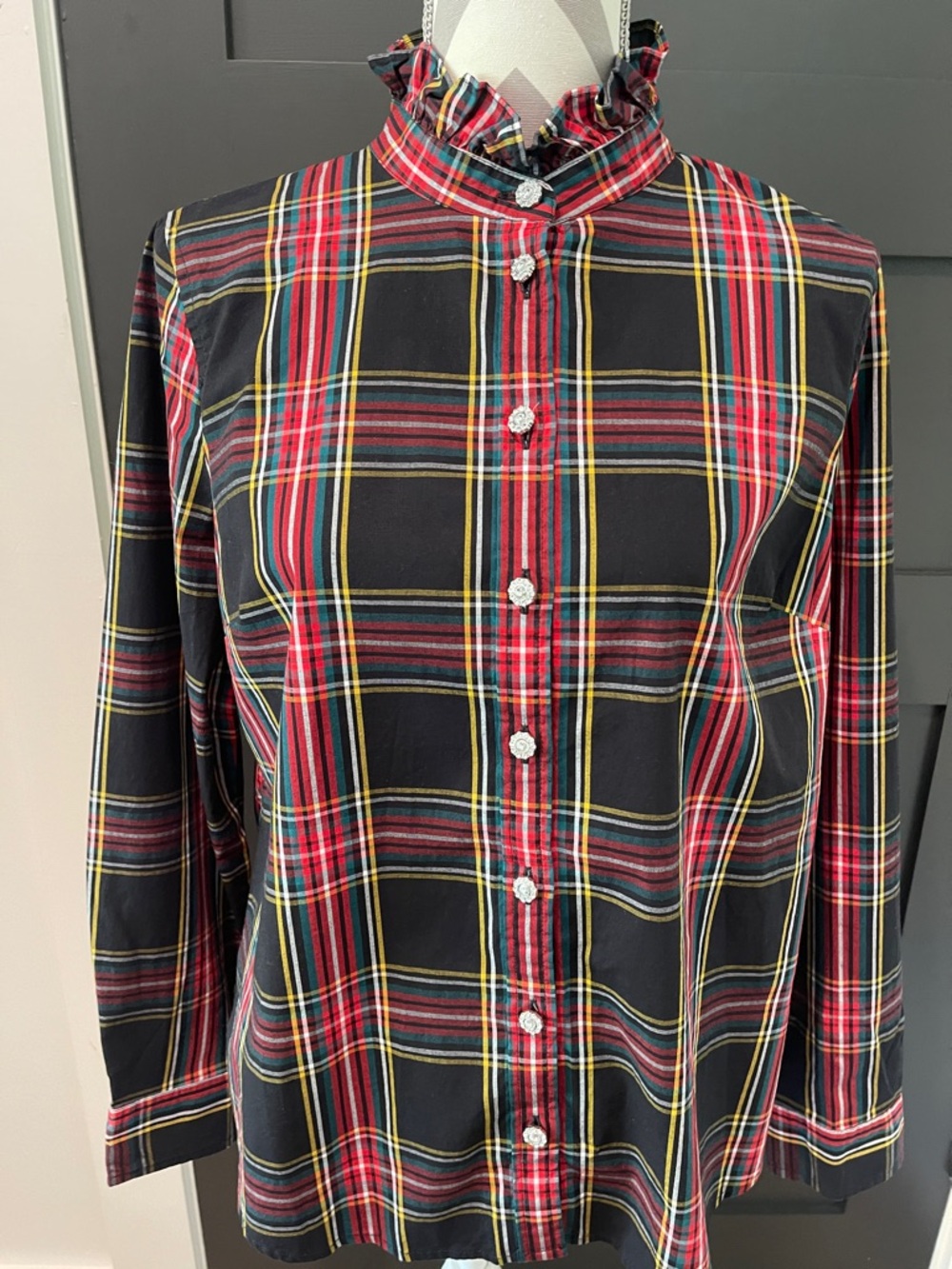 J.Crew Ruffle Rhinestone Neck Plaid Preppy Button Up Shirt Size L